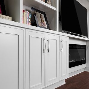 Elegant Shaker White Cabinetry with Tv and books at the shelf