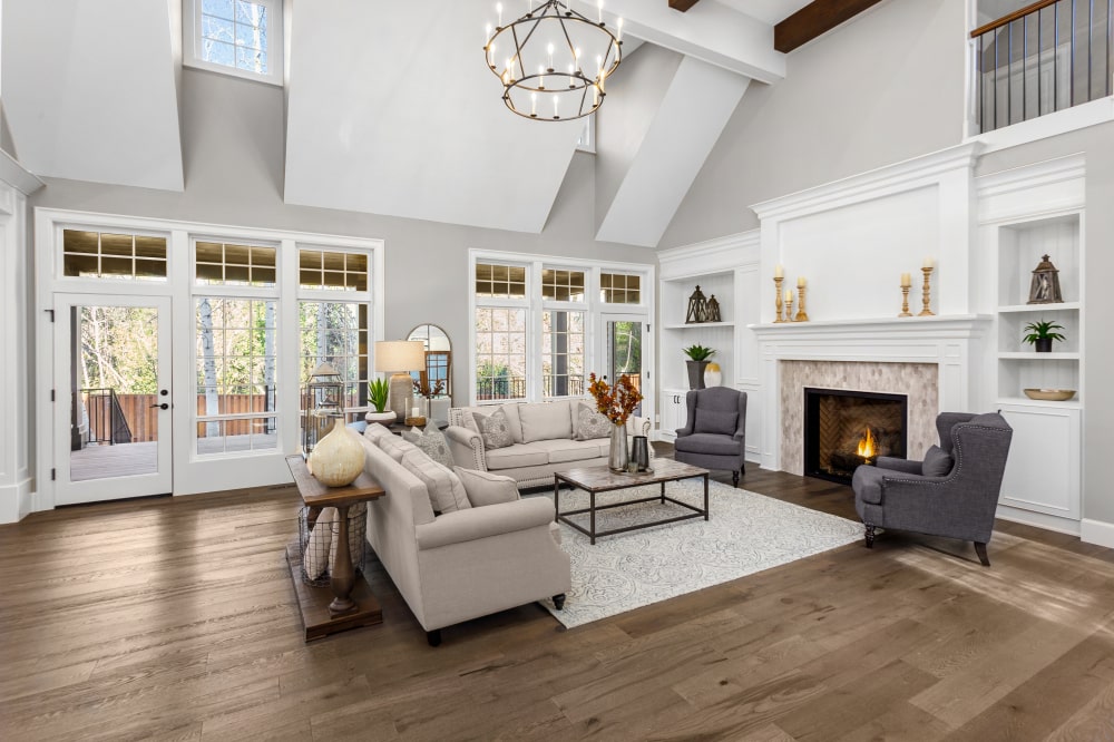 Living room with white glass doors, sofa