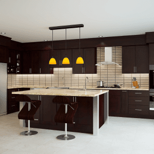 A Kitchen with quartz countertop and black cabinetry and orange lighting