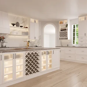 Kitchen with white cabinetry and wine shelf on light floor