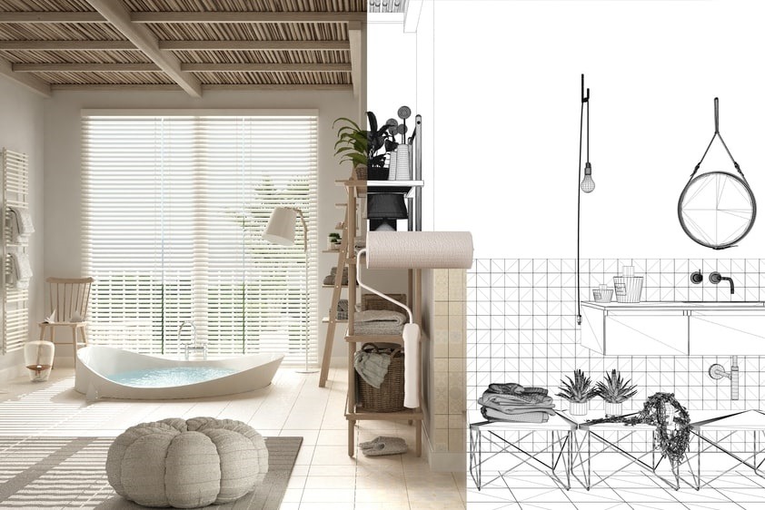 Half hand drawn and half modern bathroom with bathtub and light textures