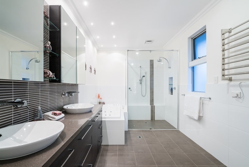White Bathroom with tile floors and sinks