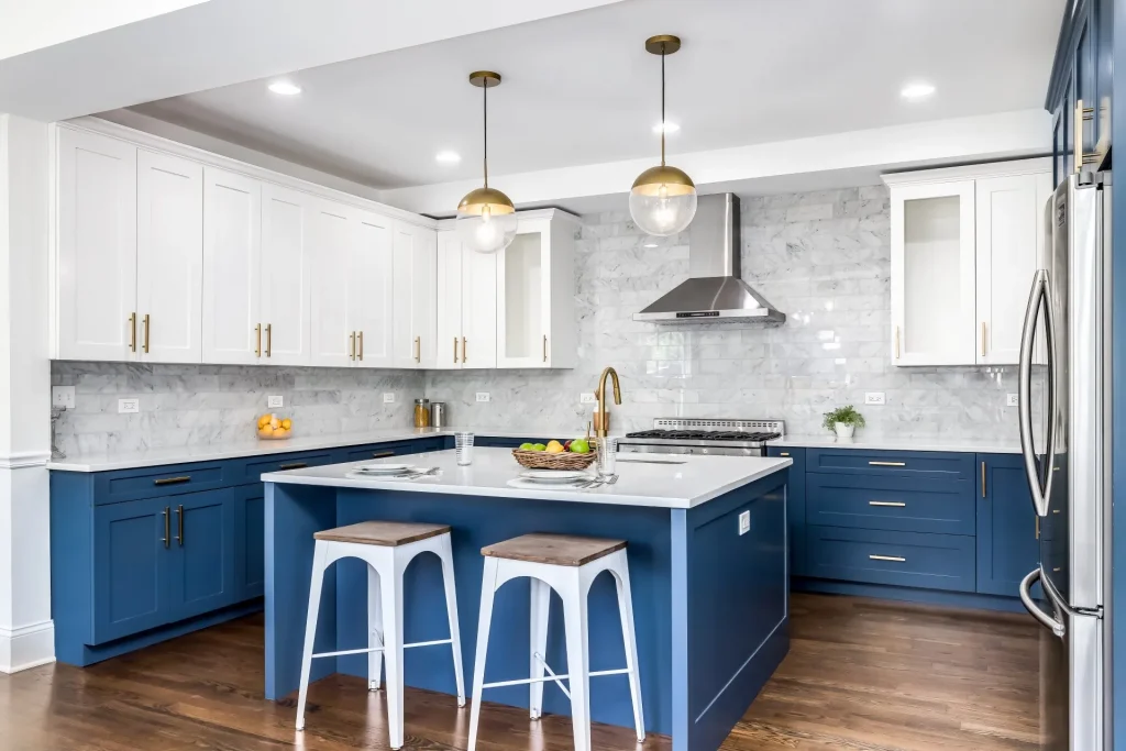 A white and blue luxurious kitchen