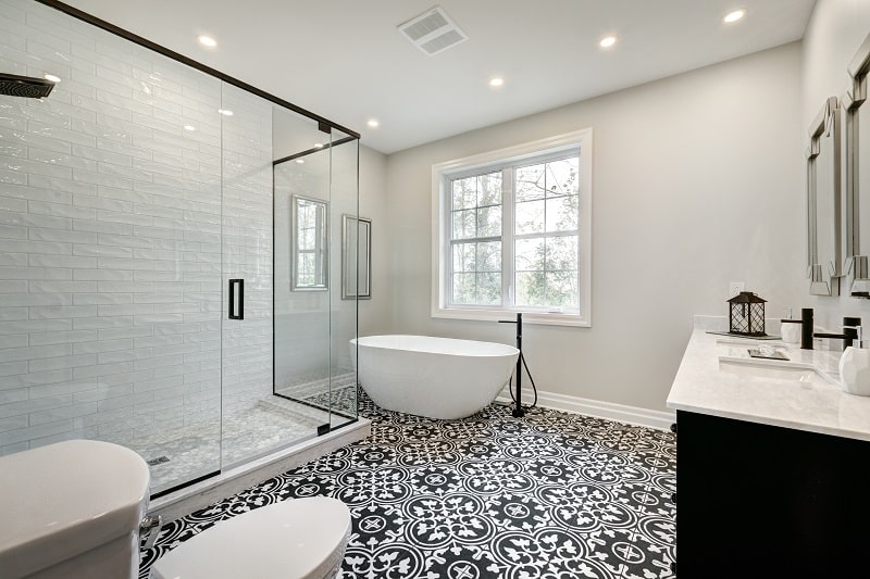 Canadian brand new bathroom with bathtub, sink, shower and toilet