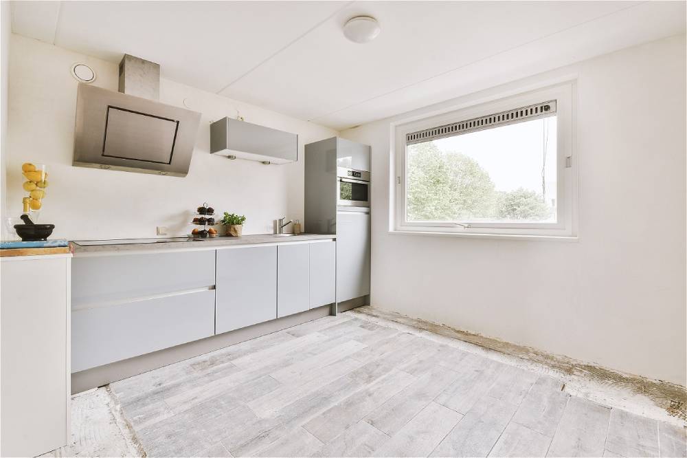 Modern kitchen without upper cabinets