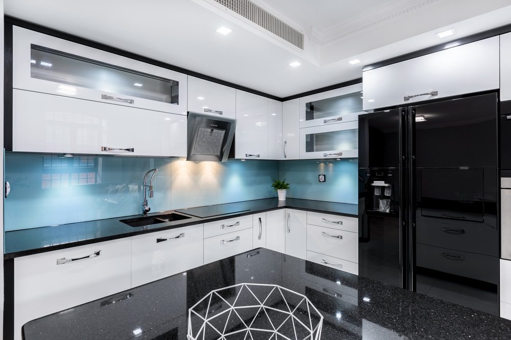 satin or semi gloss paint for kitchen cabinets, vibrant and modern kitchen design with sleek, durable finishes