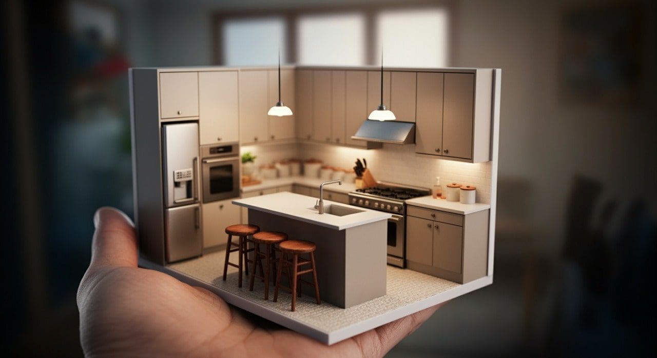 A small kitchen with a stylish kitchen island featuring built-in storage and seating.