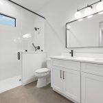A beautifully remodeled bathroom featuring modern fixtures and a custom vanity.