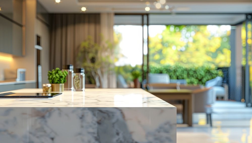 Kitchen island decorated with pendant lighting, greenery, and a fruit bowl.