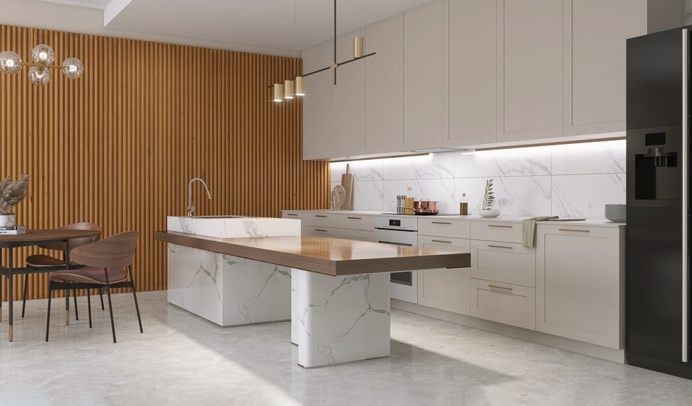Modern kitchen island with wood and tile back panel design.