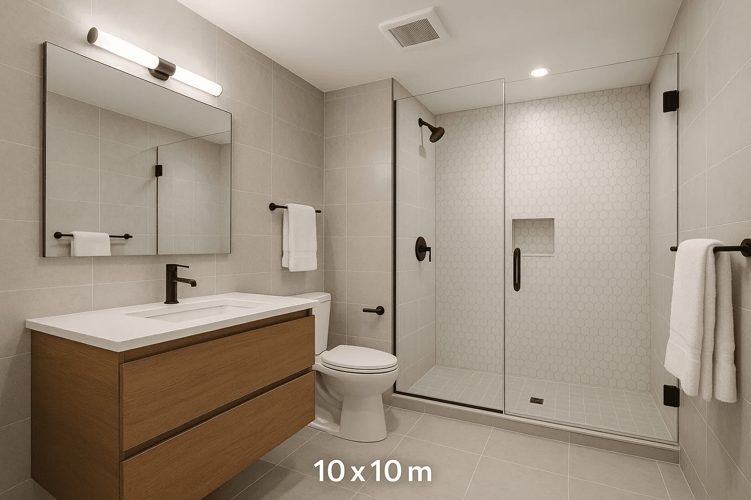 10x10 bathroom remodel with modern fixtures and tile design.