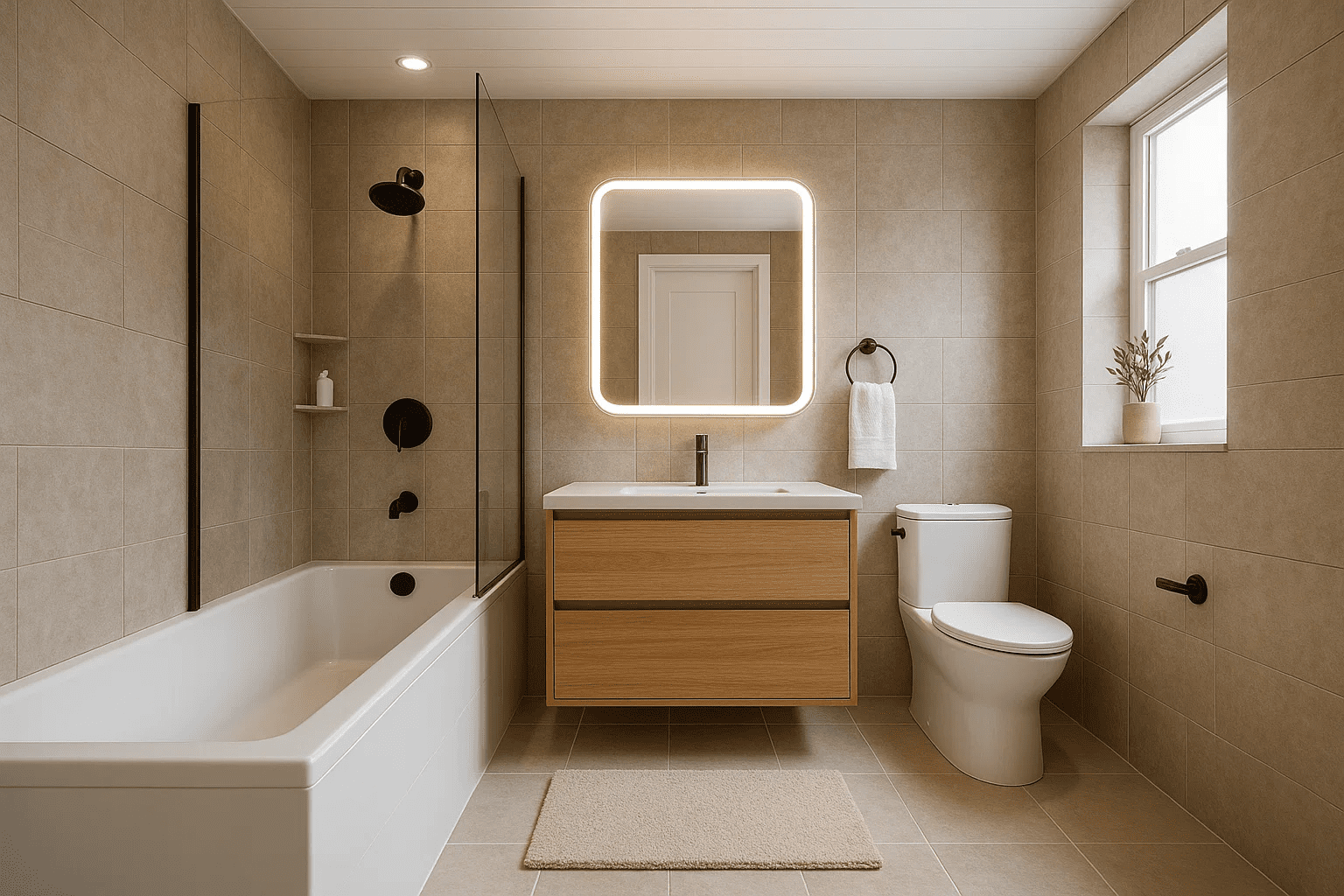 10x10 bathroom remodel with modern fixtures and tile design.