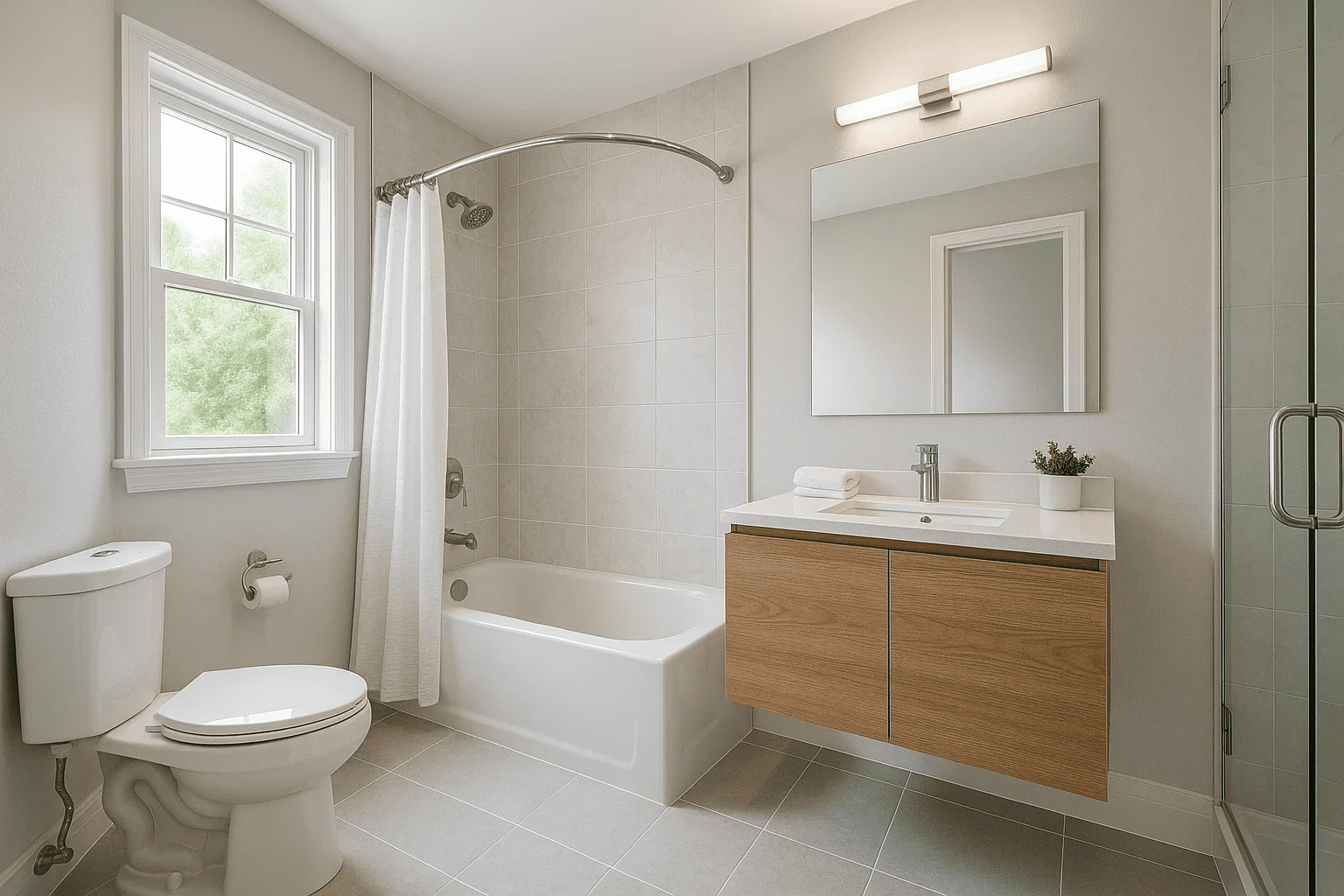 10x10 bathroom remodel with modern fixtures and tile design.