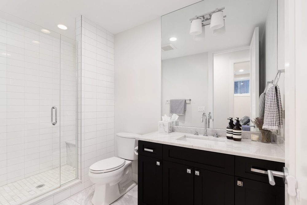 Small bathroom with walk-in shower and glass panels