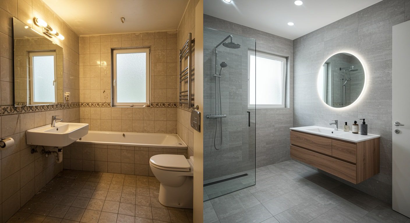 Modern 5x8 bathroom being remodeled, with contractors working and new tiles being installed.

