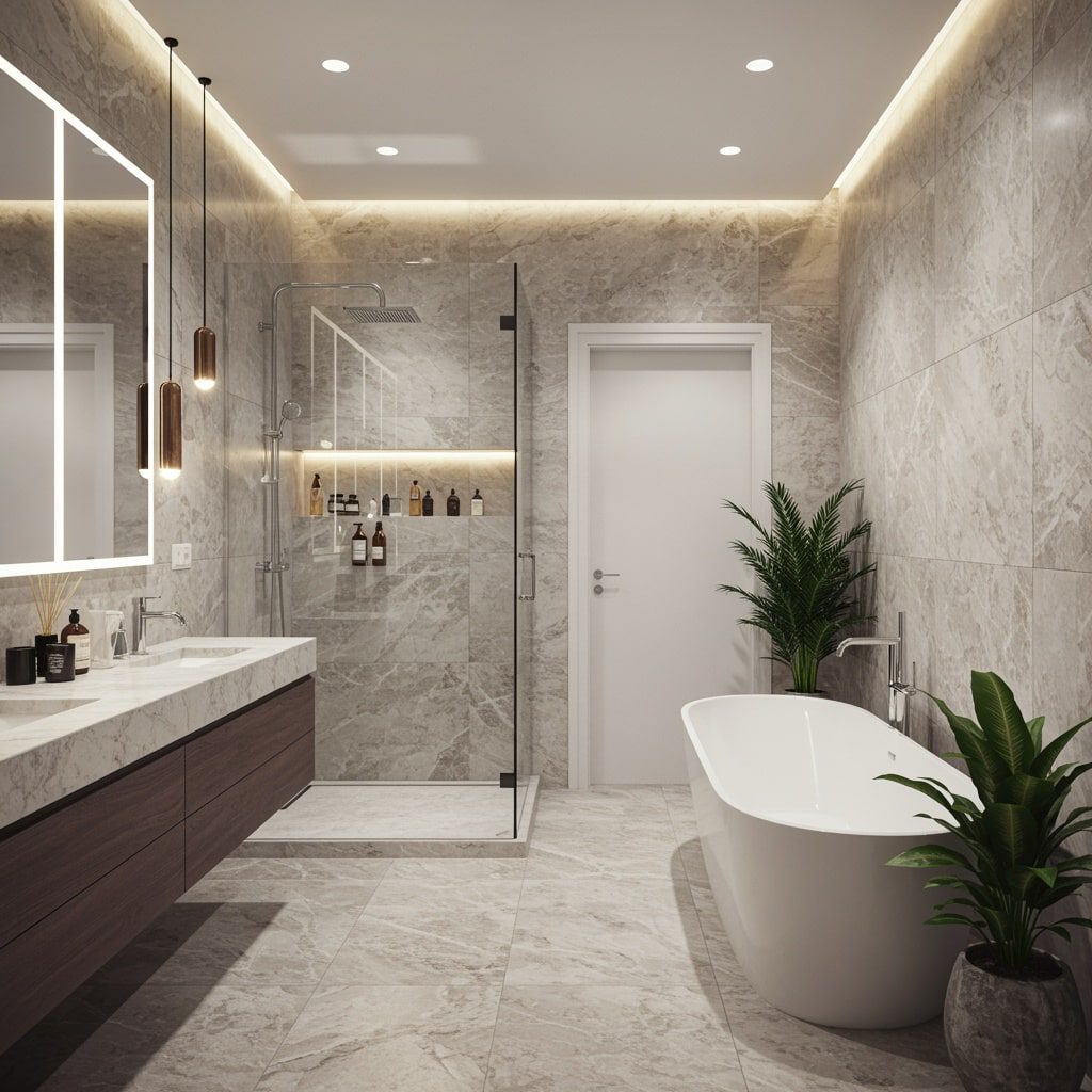 Modern 5x8 bathroom being remodeled, with contractors working and new tiles being installed.
