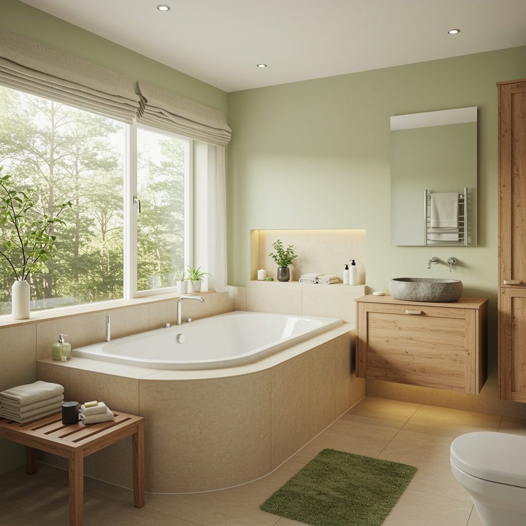 Modern 5x8 bathroom being remodeled, with contractors working and new tiles being installed.
