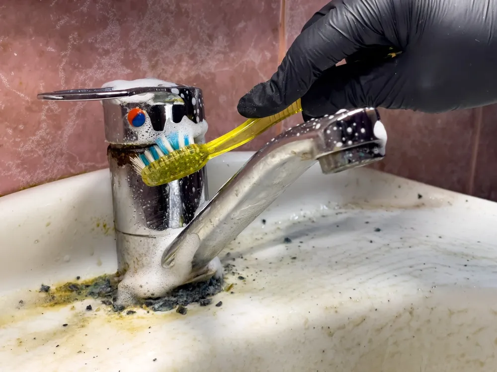Person tightening a bathroom sink faucet during installation
