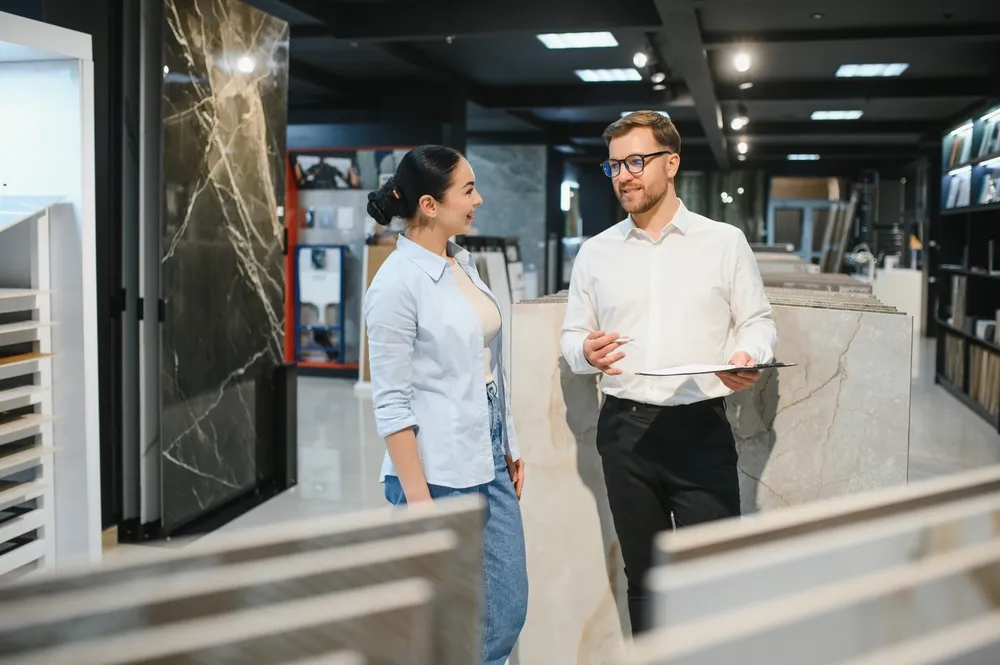 Contractor reviewing bathroom remodel plans and permit paperwork in a home renovation setting