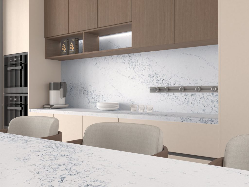 white quartz countertops with shaker cabinets