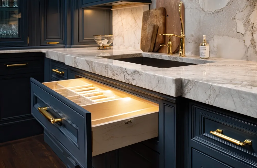 Kitchen with coordinated cabinets, tile flooring, quartz countertops, and warm modern lighting
