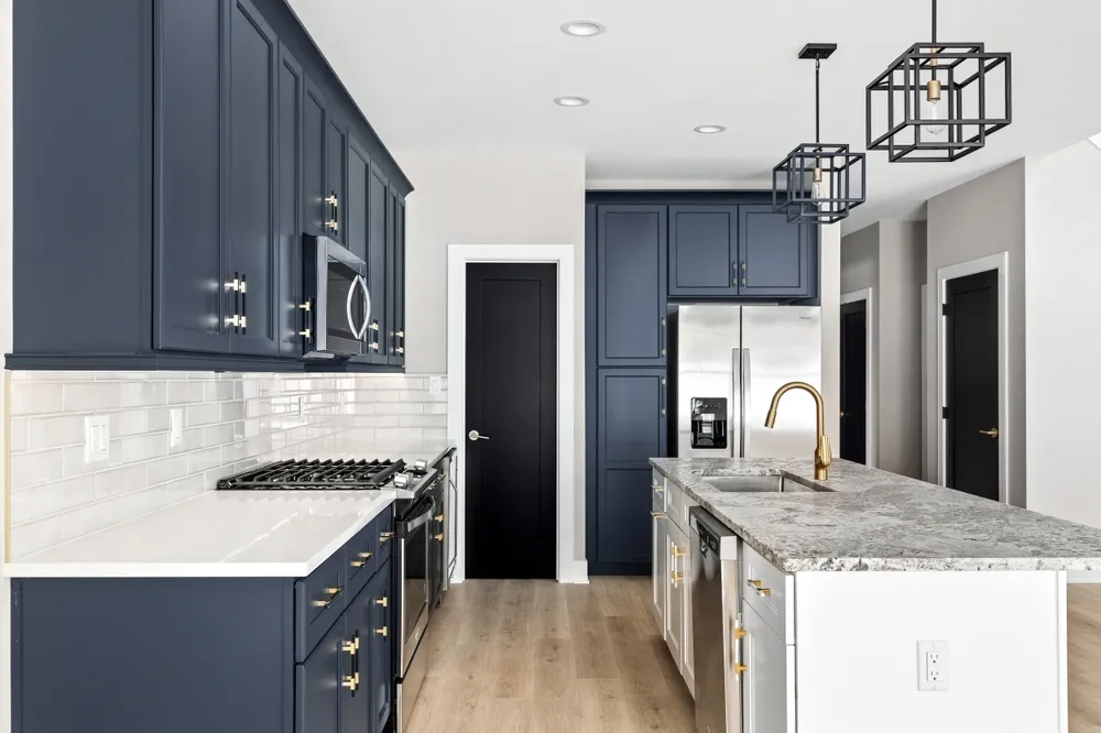 Kitchen island floor plan showing clearances to cabinets, appliances, seating and a main walkway.