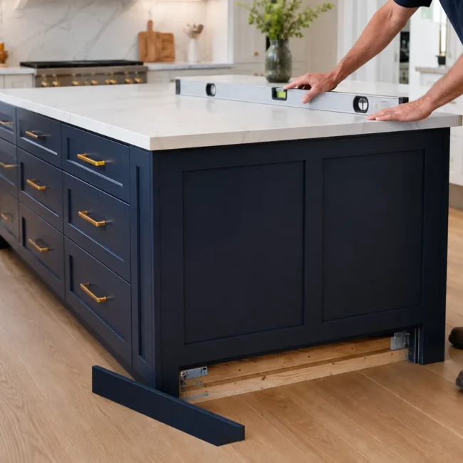 Contractor anchoring kitchen island base cabinets to wood cleats fastened into the structural subfloor.