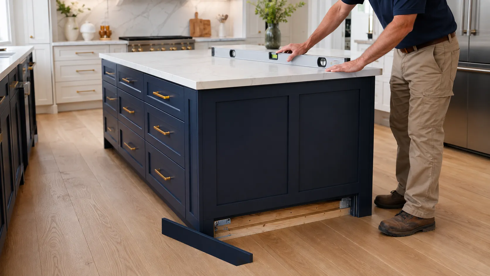 Contractor anchoring kitchen island base cabinets to wood cleats fastened into the structural subfloor.