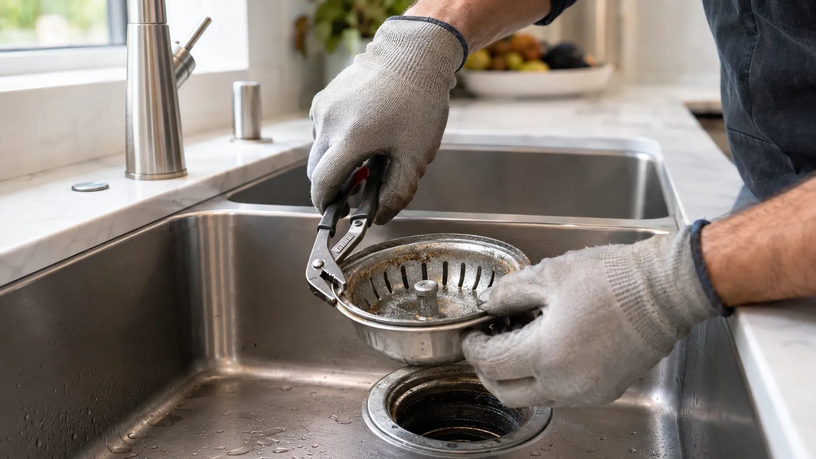 Homeowner replacing a stainless-steel basket strainer in a kitchen sink with the drain parts arranged in order.