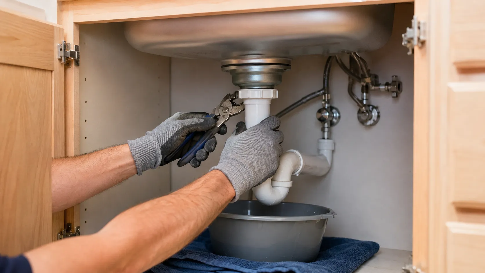 Homeowner replacing a stainless-steel basket strainer in a kitchen sink with the drain parts arranged in order.