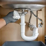 Homeowner replacing a stainless-steel basket strainer in a kitchen sink with the drain parts arranged in order.