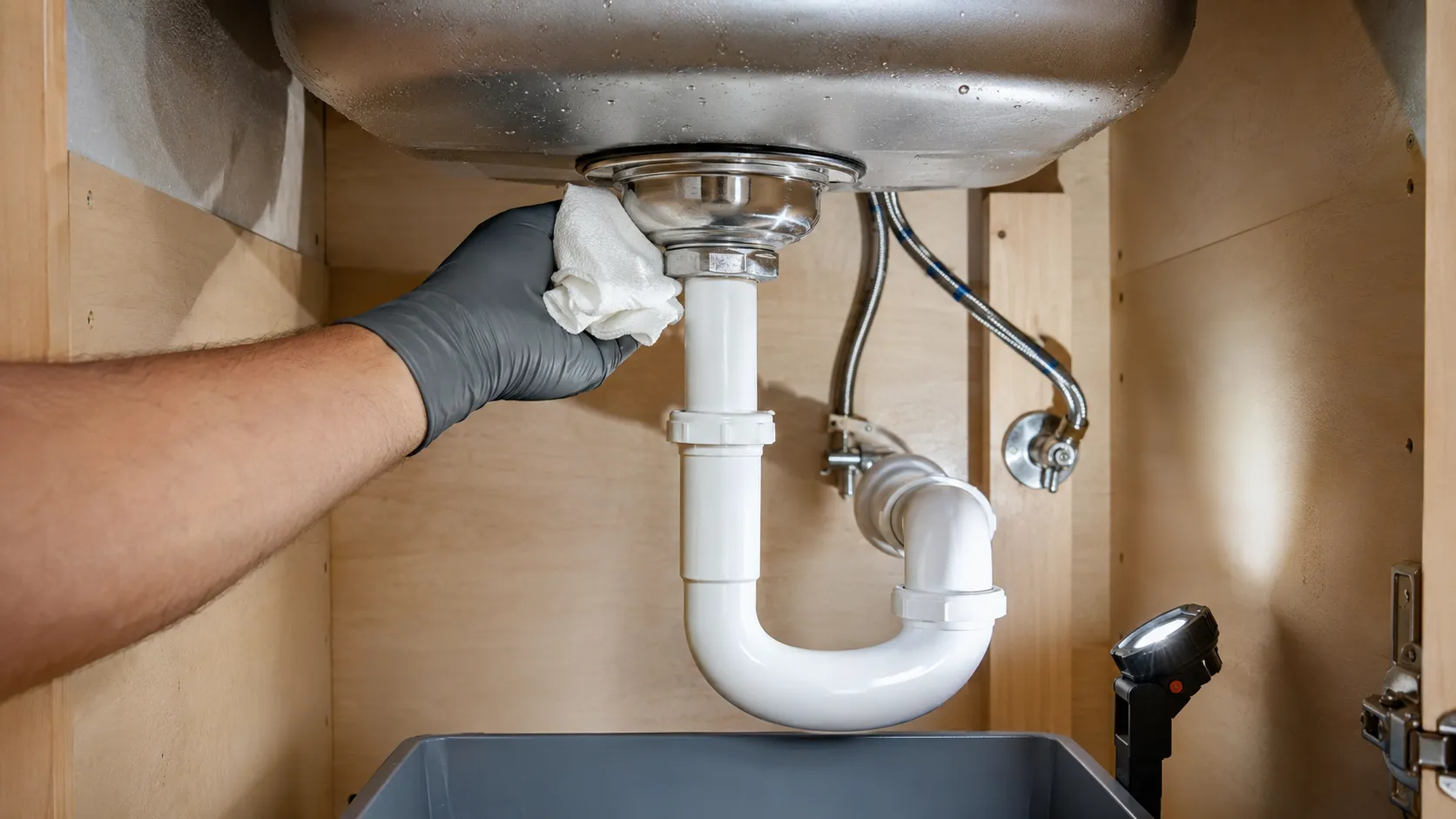 Homeowner replacing a stainless-steel basket strainer in a kitchen sink with the drain parts arranged in order.