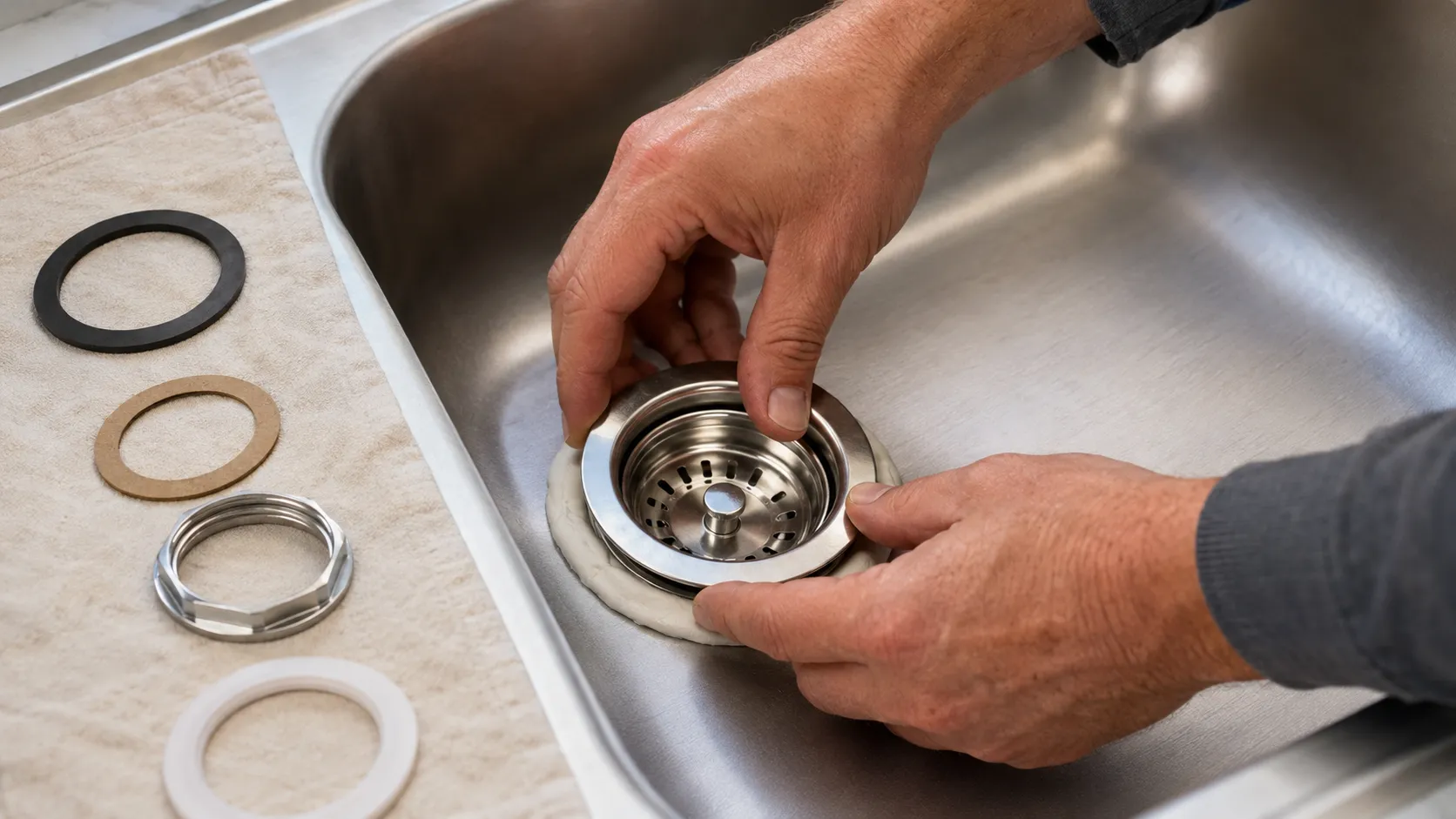 Homeowner replacing a stainless-steel basket strainer in a kitchen sink with the drain parts arranged in order.