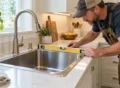 Installer using a spirit level across the rim of a stainless steel drop-in sink to confirm it sits flat on the kitchen countertop