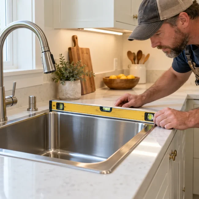 Installer using a spirit level across the rim of a stainless steel drop-in sink to confirm it sits flat on the kitchen countertop