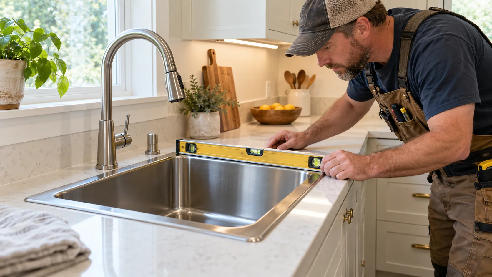 Installer using a spirit level across the rim of a stainless steel drop-in sink to confirm it sits flat on the kitchen countertop