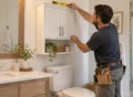 Professional remodeler checking that a newly installed white over-the-toilet cabinet is level in a bright contemporary bathroom.
