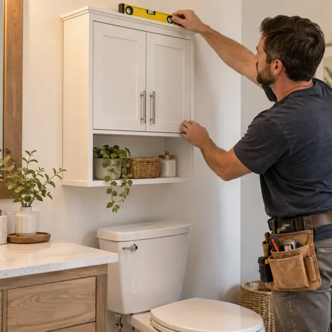 Professional remodeler checking that a newly installed white over-the-toilet cabinet is level in a bright contemporary bathroom.