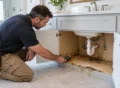 Professional remodeler using a moisture meter to inspect the swollen, stained cabinet base beneath a bathroom sink.