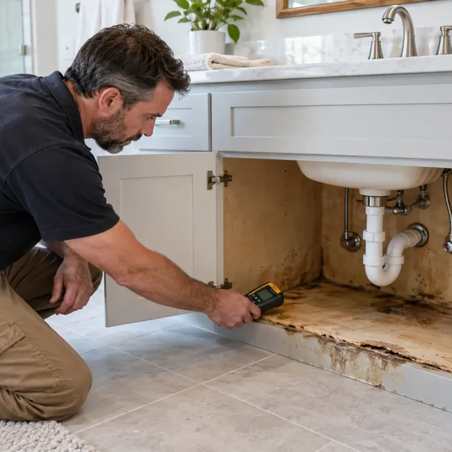 Professional remodeler using a moisture meter to inspect the swollen, stained cabinet base beneath a bathroom sink.