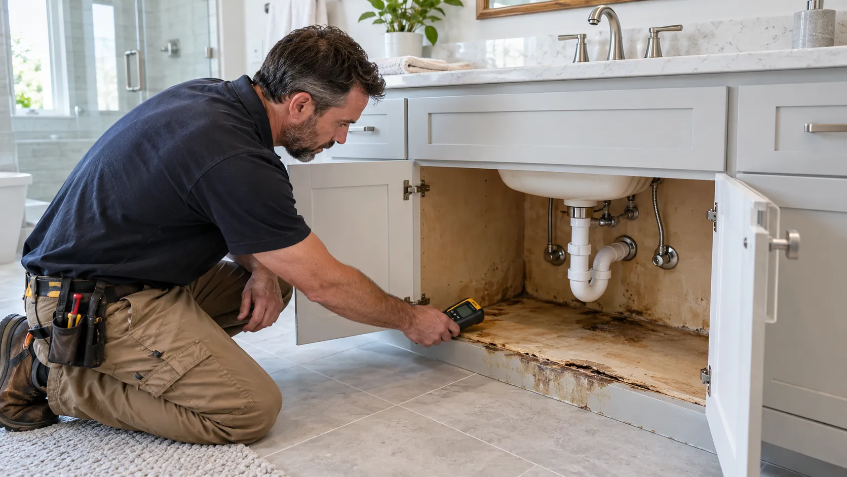Professional remodeler using a moisture meter to inspect the swollen, stained cabinet base beneath a bathroom sink.