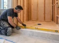 Remodeler measuring and leveling an unfinished shower floor around a centered drain before installing the shower pan
