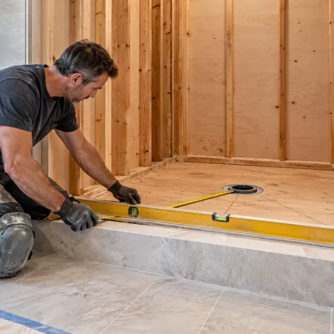 Remodeler measuring and leveling an unfinished shower floor around a centered drain before installing the shower pan