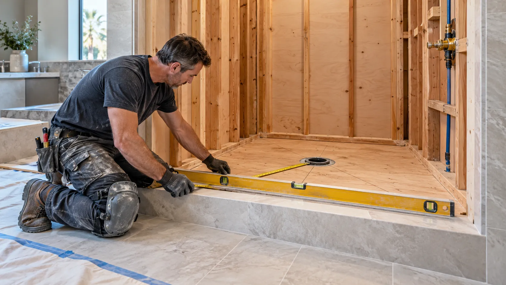 Remodeler measuring and leveling an unfinished shower floor around a centered drain before installing the shower pan
