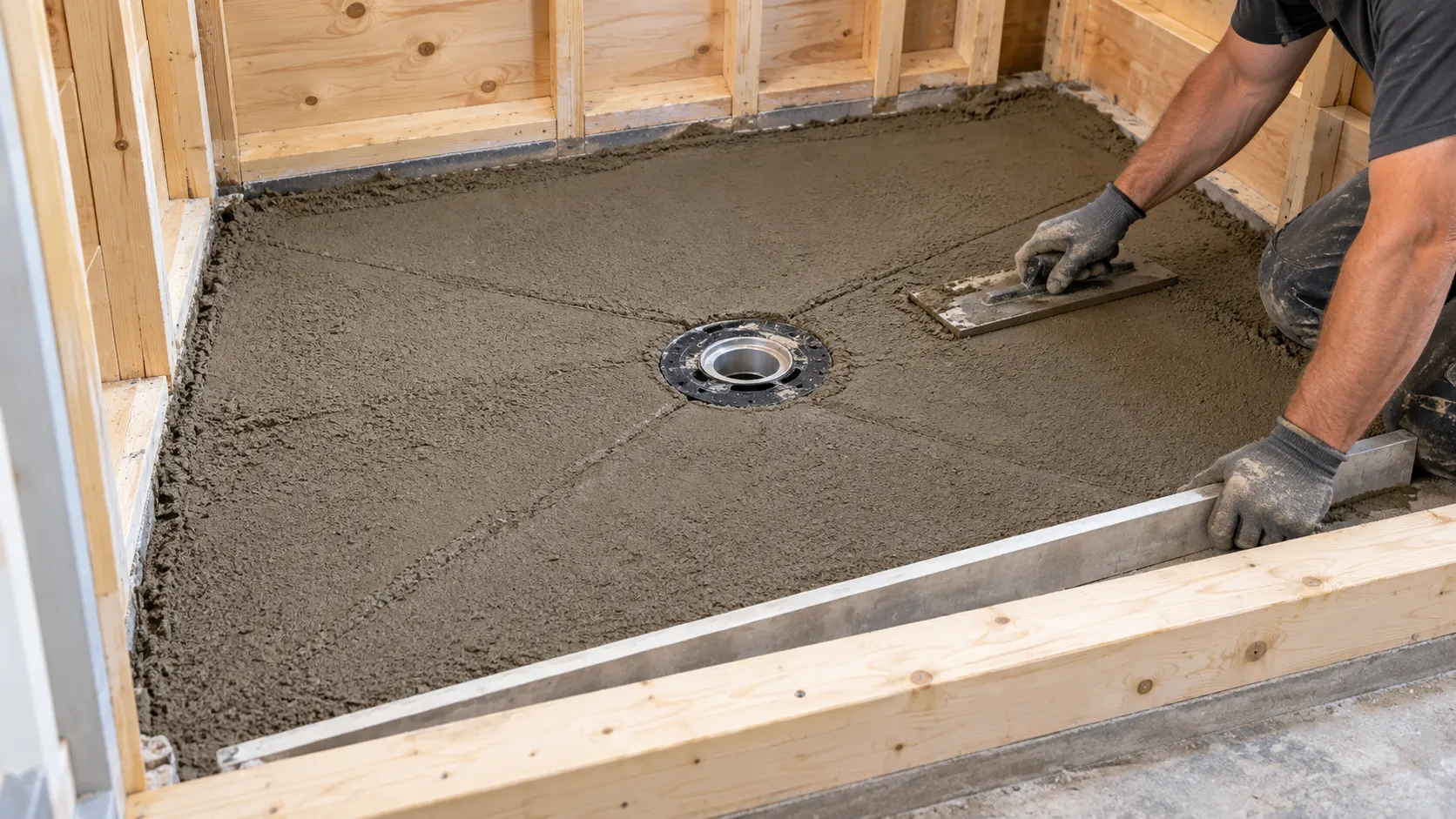 Professional installer shaping a mortar pre-slope toward the center drain in an unfinished walk-in shower