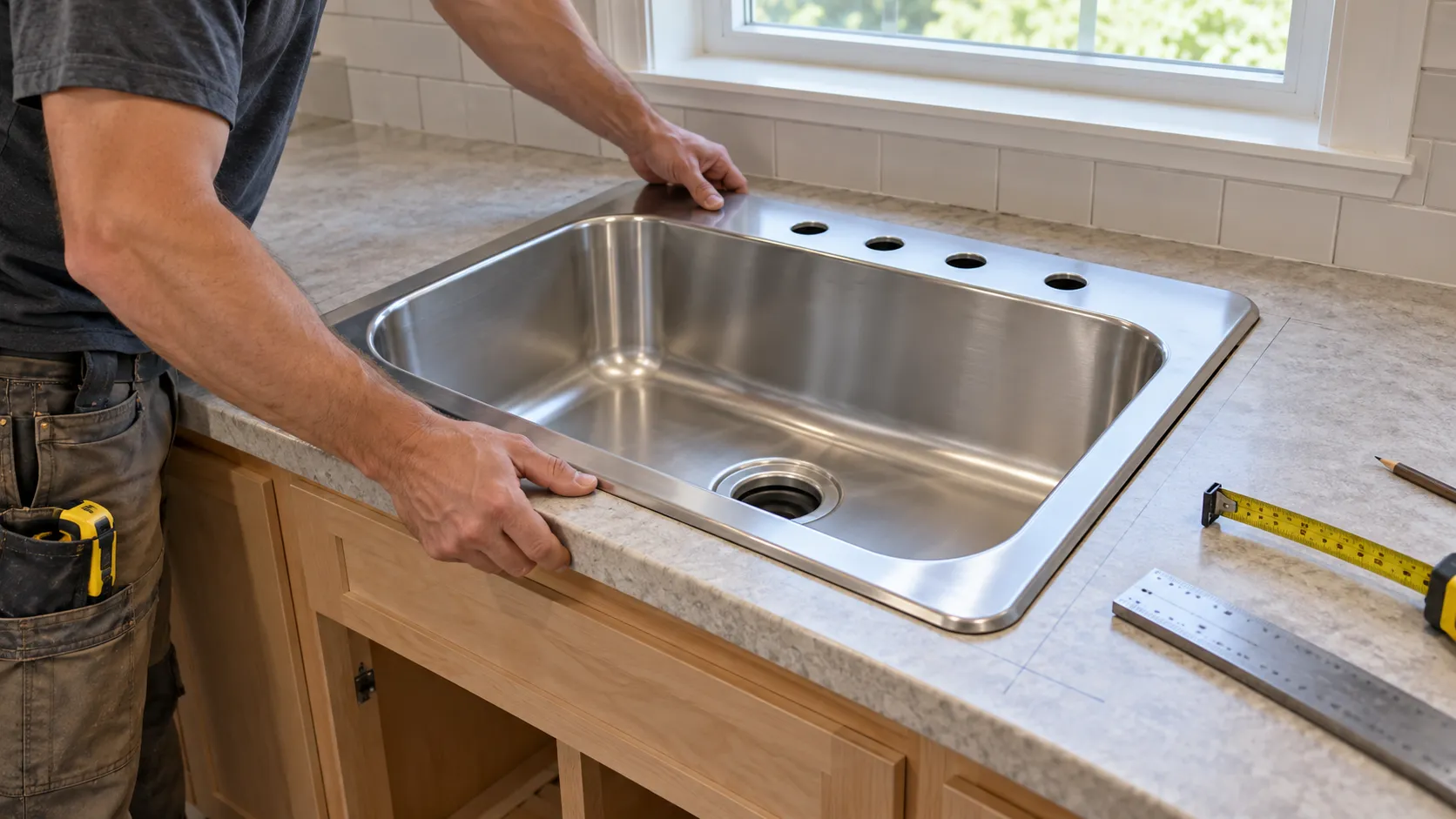 Contractor dry-fitting a stainless steel drop-in sink in a correctly sized countertop cutout before applying sealant