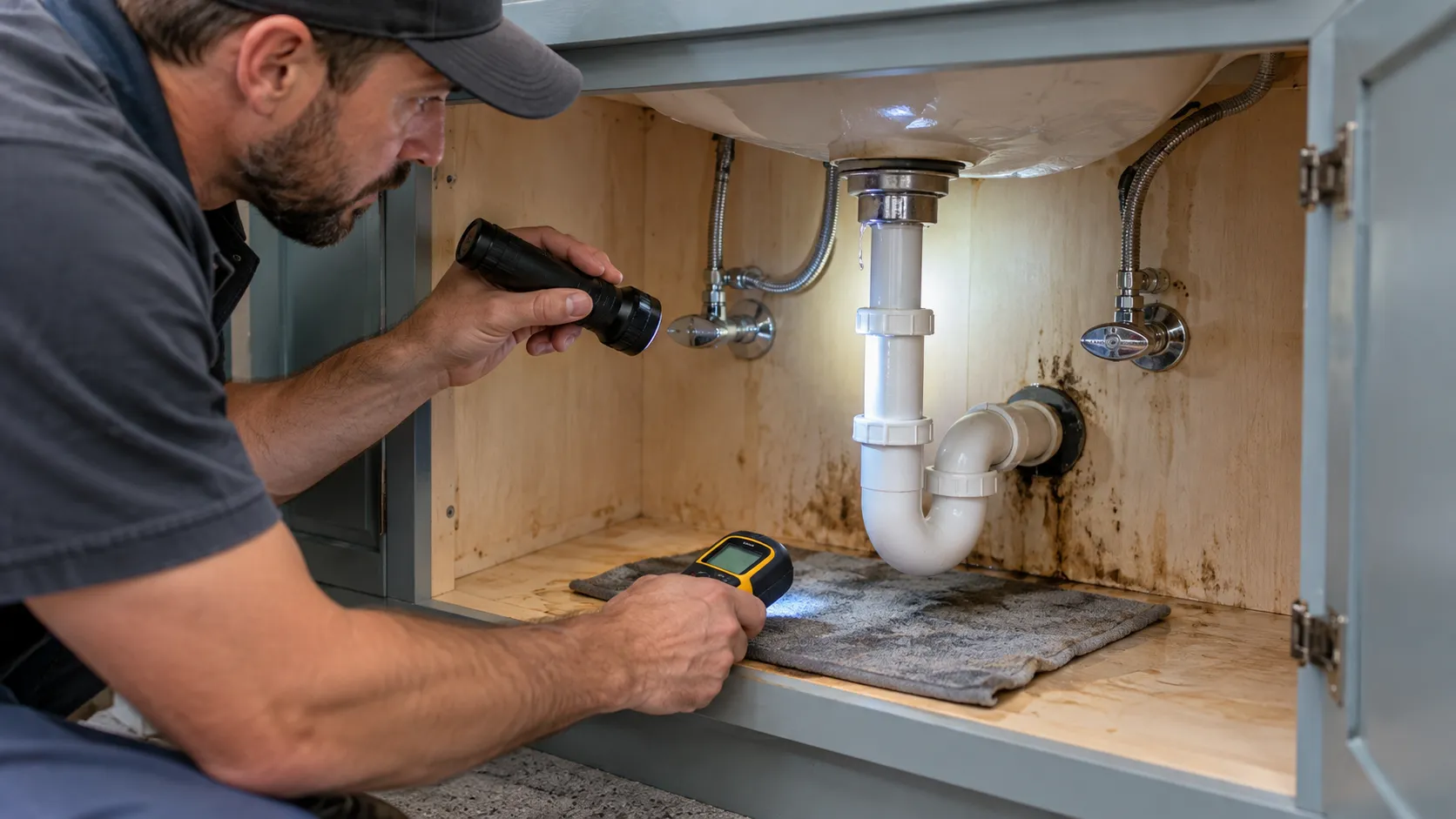 Contractor checking sink supply lines, shutoff valves, drain, and P-trap with a flashlight and moisture meter to find the leak source.
