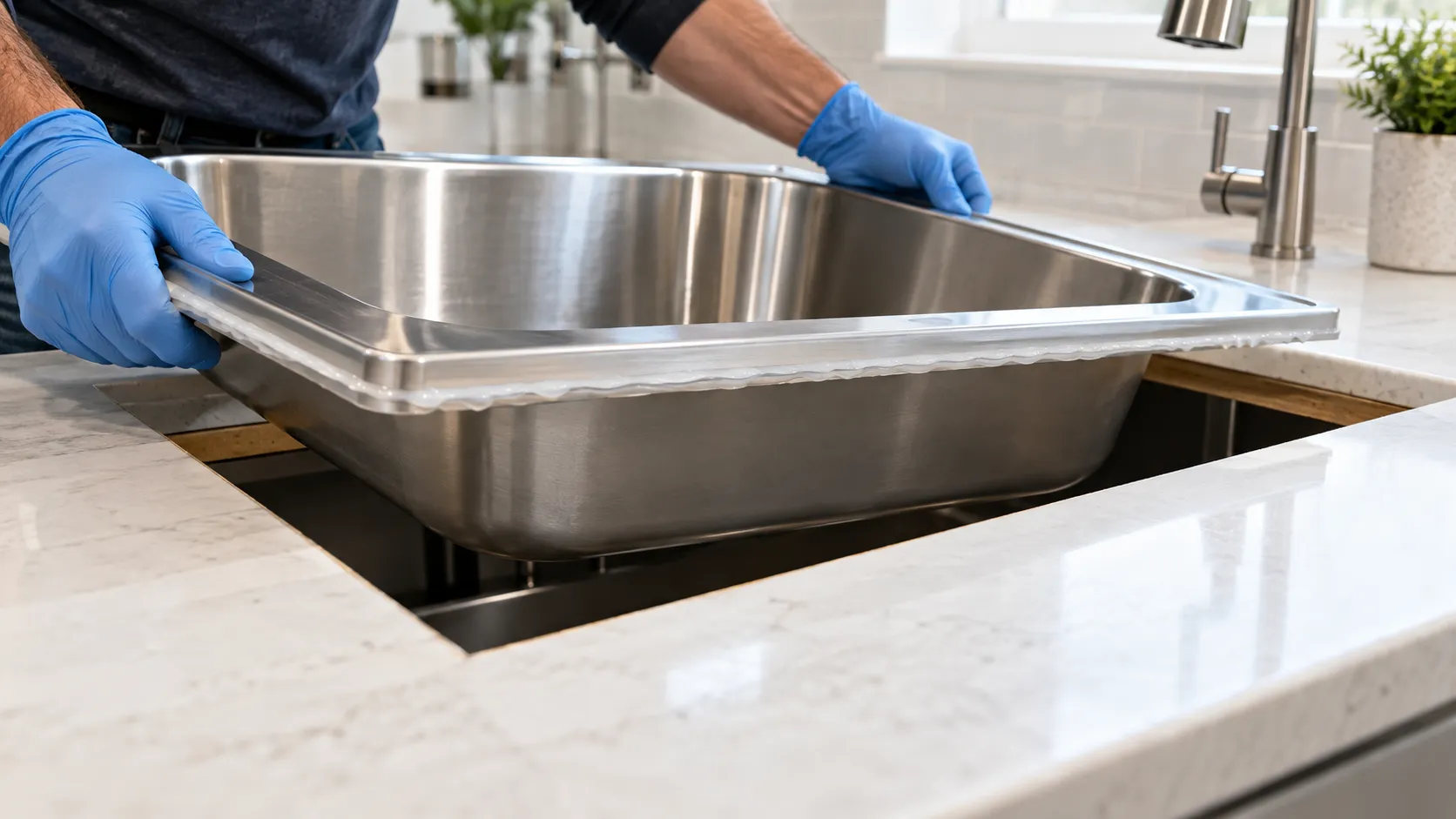 Installer lowering a drop-in sink into the countertop after applying a continuous bead of silicone beneath the rim