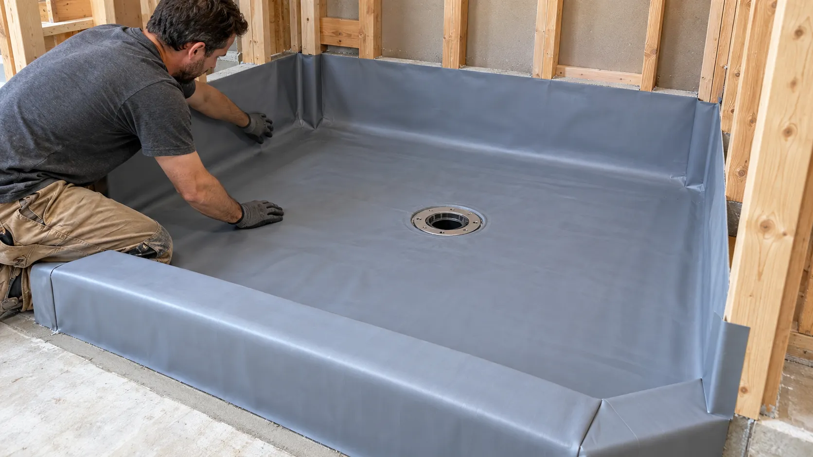 Remodeler fitting a gray waterproof shower pan liner over the sloped base, curb, corners, and clamping drain