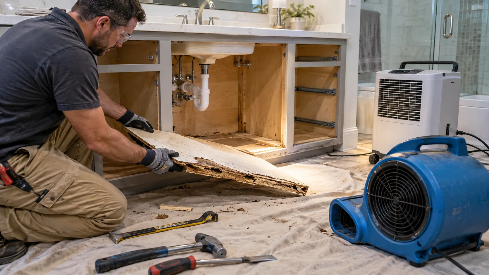 Remodeler removing a delaminated vanity bottom while an air mover and dehumidifier dry the exposed cabinet frame.
